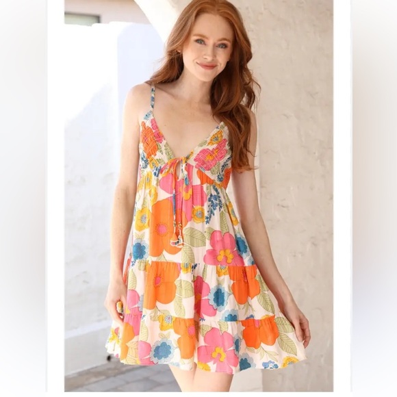 Angie Floral Print Smocked V Neck Babydoll Mini Sundress Cottagecore Ruffle M - Picture 15 of 15